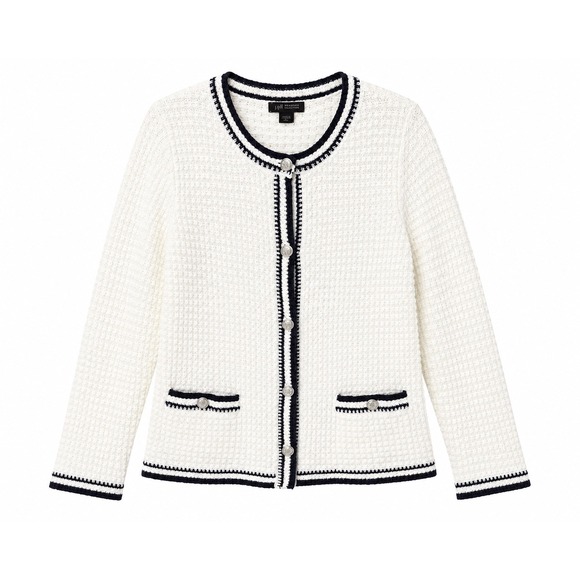 Sweaters - J Jill Wearever White Navy Textured Knit Cardigan Sweater S Tall Nautical